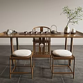 Wooden Chinese Style Tea Table And Chairs With Tea Set Vase And Padded Stools