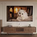 Modern Wooden TV Stand In Living Room With TV Decorations And Lamps