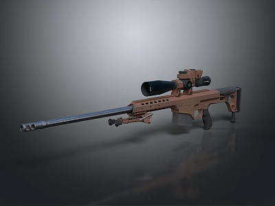 Brown Sniper Rifle With Long Barrel And Scope On Reflective Surface 3d model