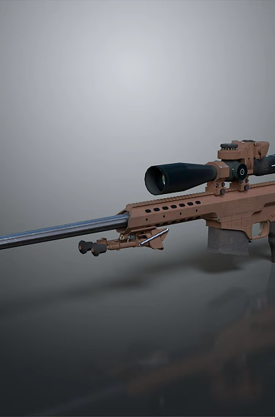 Brown Sniper Rifle With Long Barrel And Scope On Reflective Surface 3d model