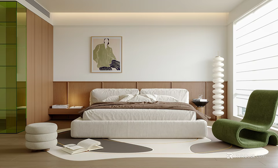 Modern Bedroom Interior With Cozy Bed Wooden Headboard Green Chair Floor Lamp And Artwork 3d model 