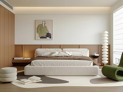 Modern Bedroom Interior With Cozy Bed Wooden Headboard Green Chair Floor Lamp And Artwork 3d model