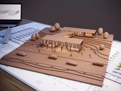 Commercial Architectural Design Equipment Featuring Building Model Laptop Blueprints And Scale Figures 3d model