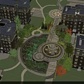 Residential Garden Landscape With Central Fountain Pond Greenery Pathways And Surrounding Buildings