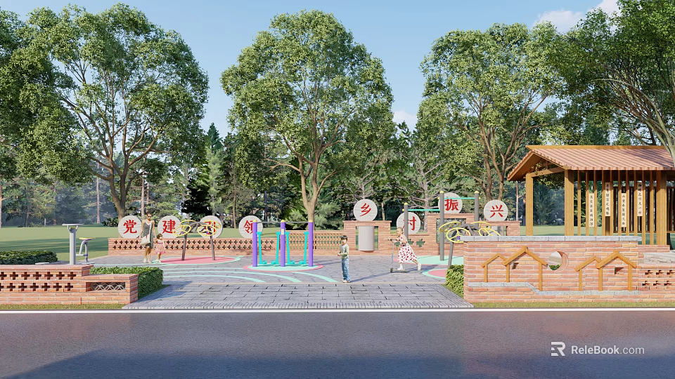 Tranquil Garden Landscape Design With Lush Trees Wooden Pavilion And Stone Pathway 3d model 