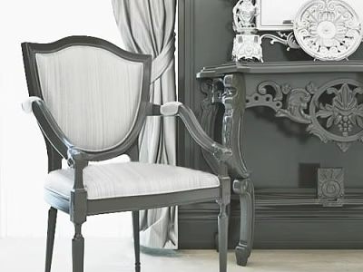 Classic Style Armchair With Gray Upholstery And Carved Wooden Console Table Decorations 3d model