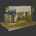 Cartoon Style Street Shop Featuring Blue Awning Vending Machine Green Plants And Yellow Striped Steps