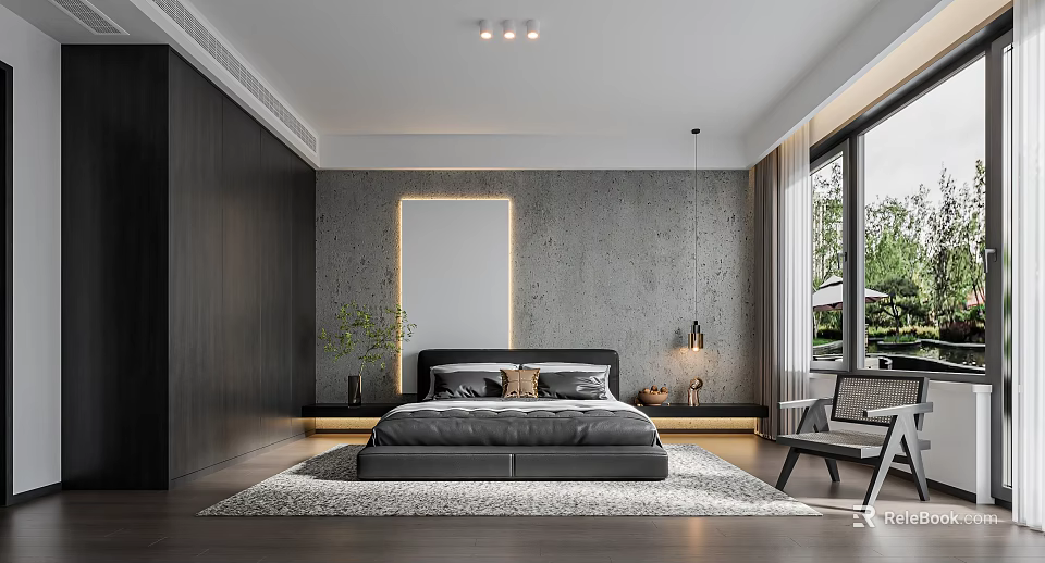 Modern Bedroom Interior Design With Grey Wall Black Bed And Fluffy Area Rug 3d model 