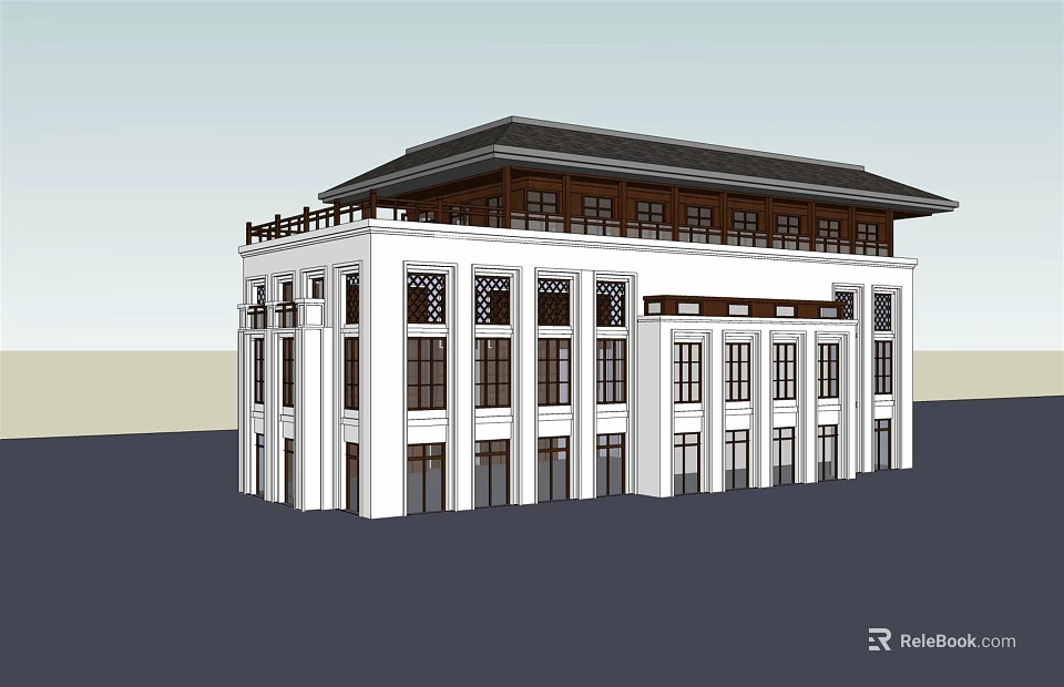 Traditional Chinese Style Office Building With White Exterior And Classic Roof Design 3d model 