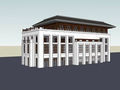 Traditional Chinese Style Office Building With White Exterior And Classic Roof Design 3d model
