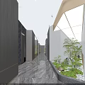 Luxury Modern Corridor Interior With Elevators Green Plants And Marble Floor 3d model