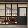 Modern Entrance Featuring Black Door With Glass Panels And Interior Bookshelves Sofa Plant