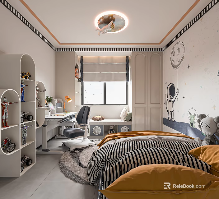 Kids Room Interior With Striped Bedspread Orange Pillows Astronaut Balloon Mural Desk And Toy Shelves 3d model 