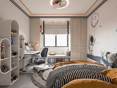 Kids Room Interior With Striped Bedspread Orange Pillows Astronaut Balloon Mural Desk And Toy Shelves 3d model