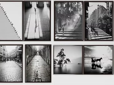 Black and White Landscape Art Paintings Collage with Street Roads Light Shadow and Natural Scenes 3d model