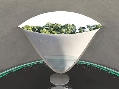 Unique Bathtub Design In Concrete Structure With Circular Opening And Green Trees View 3d model