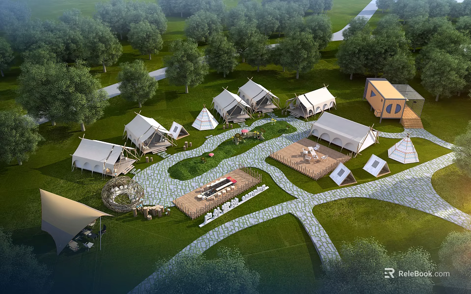 Scenic Glamping Campsite With Multiple Tents Wooden Cabin Stone Paths And Grassland Among Trees 3d model 