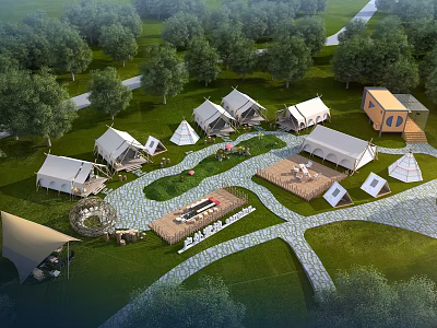 Scenic Glamping Campsite With Multiple Tents Wooden Cabin Stone Paths And Grassland Among Trees 3d model