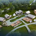 Scenic Glamping Campsite With Multiple Tents Wooden Cabin Stone Paths And Grassland Among Trees