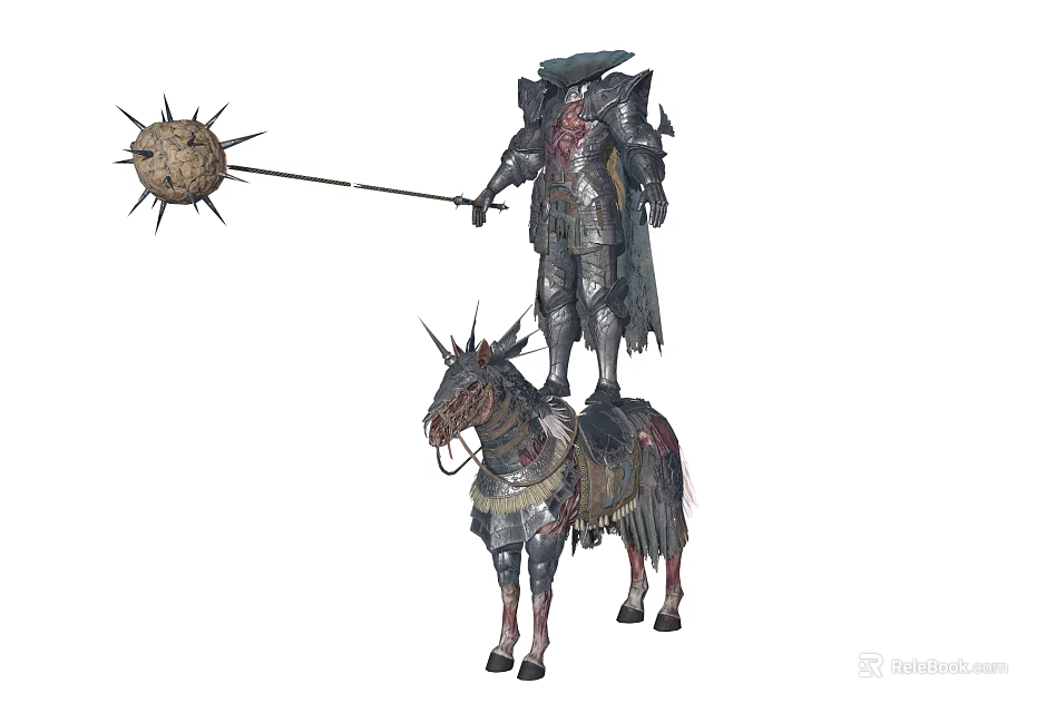 Armored Game Movie Character Standing on Horned Horse With Spiked Ball Weapon 3d model 