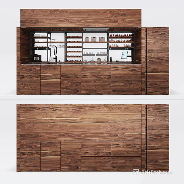 Modern Wooden Bar Counter With Storage Cabinets And Open Shelves Design 3d model 
