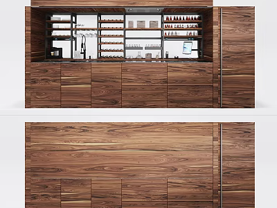 Modern Wooden Bar Counter With Storage Cabinets And Open Shelves Design 3d model