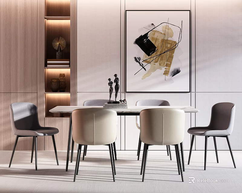 Elegant Modern Dining Table Set With Gray Beige Chairs And Abstract Wall Art 3d model