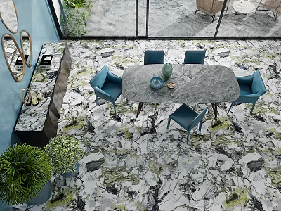 Modern Restaurant Interior With Marble Dining Table Blue Chairs And Green Plants 3d model