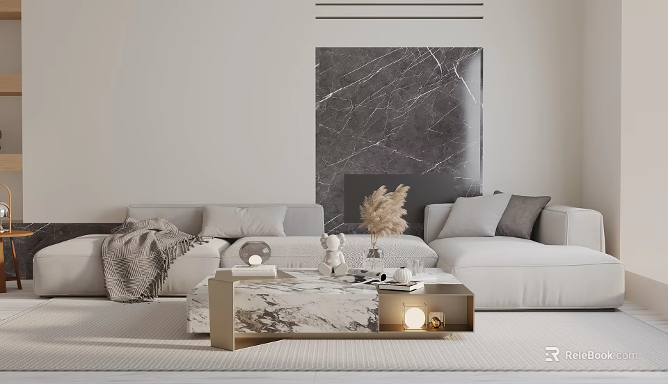 Modern Light Colored Three Seater Sofa With Marble Coffee Table And Decorative Pillows 3d model 