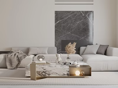 Modern Light Colored Three Seater Sofa With Marble Coffee Table And Decorative Pillows 3d model