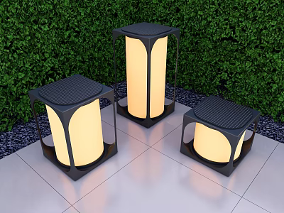 Three Modern Outdoor Floor Lamps With Black Frame And White Shade On Tile Floor 3d model