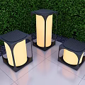 Three Modern Outdoor Floor Lamps With Black Frame And White Shade On Tile Floor