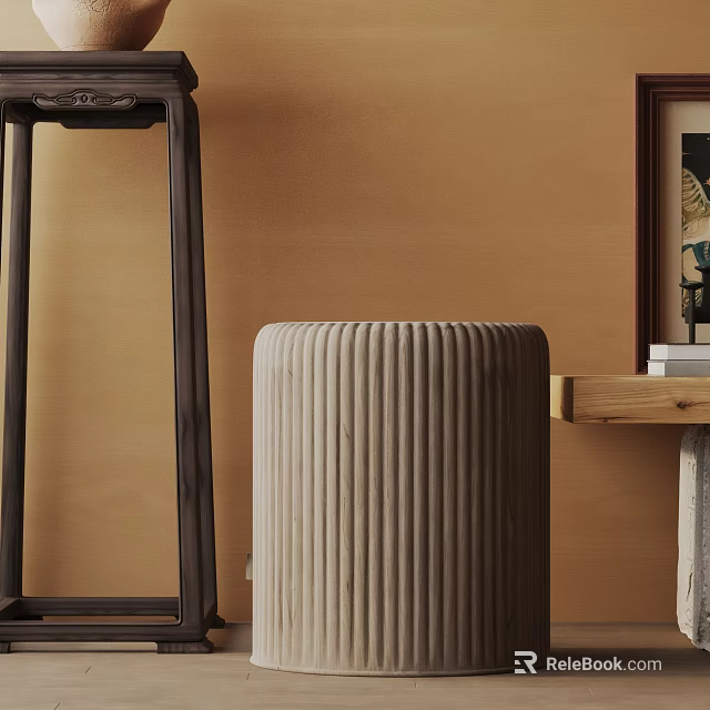 Modern Minimalist Beige Side Table With Vertical Stripes Against Brown Wall And Dark Wooden Stand 3d model 