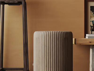 Modern Minimalist Beige Side Table With Vertical Stripes Against Brown Wall And Dark Wooden Stand 3d model