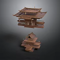 Traditional Chinese Wooden Architecture With Multi Tiered Design And Overhanging Eaves Model