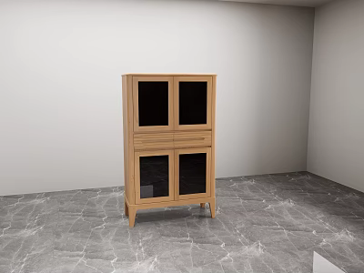 Wooden Wine Cabinet With Glass Doors In Corner Of Room On Marble Floor 3d model