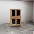 Wooden Wine Cabinet With Glass Doors In Corner Of Room On Marble Floor