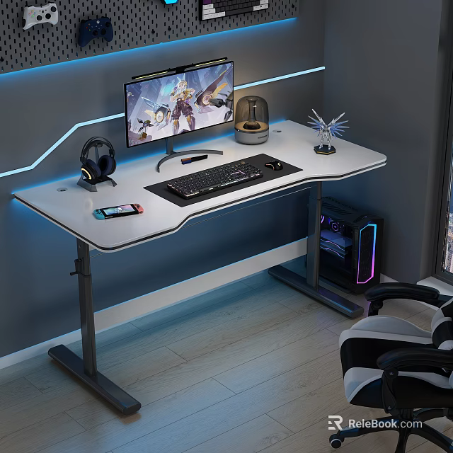 Modern Gaming Desk Setup With Monitor Keyboard Headphones Phone RGB PC And Ambient Lights 3d model 