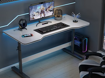 Modern Gaming Desk Setup With Monitor Keyboard Headphones Phone RGB PC And Ambient Lights 3d model