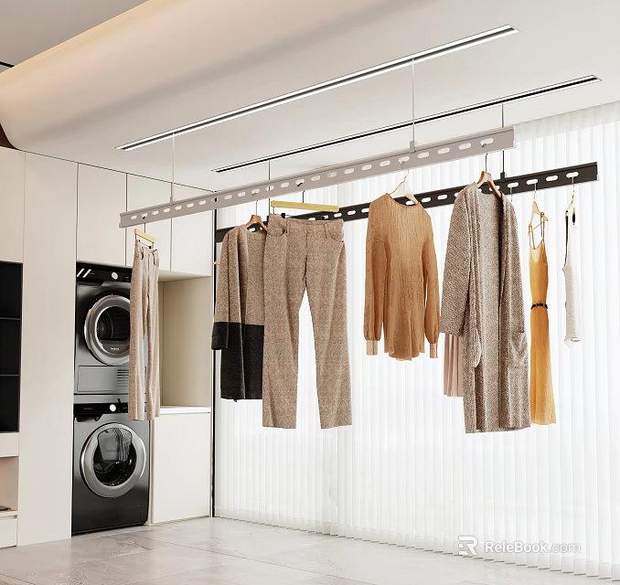 Modern Laundry Room With Washing Machine Hanging Garments And Bright Lighting 3d model 