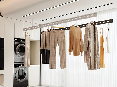 Modern Laundry Room With Washing Machine Hanging Garments And Bright Lighting 3d model
