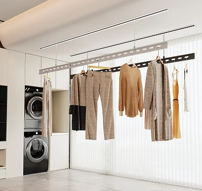 Modern Laundry Room With Washing Machine Hanging Garments And Bright Lighting 3d model