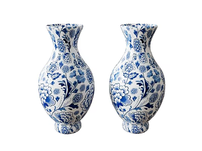 Pair of Blue and White Ceramic Vessels with Floral Patterns for Home Decor 3d model