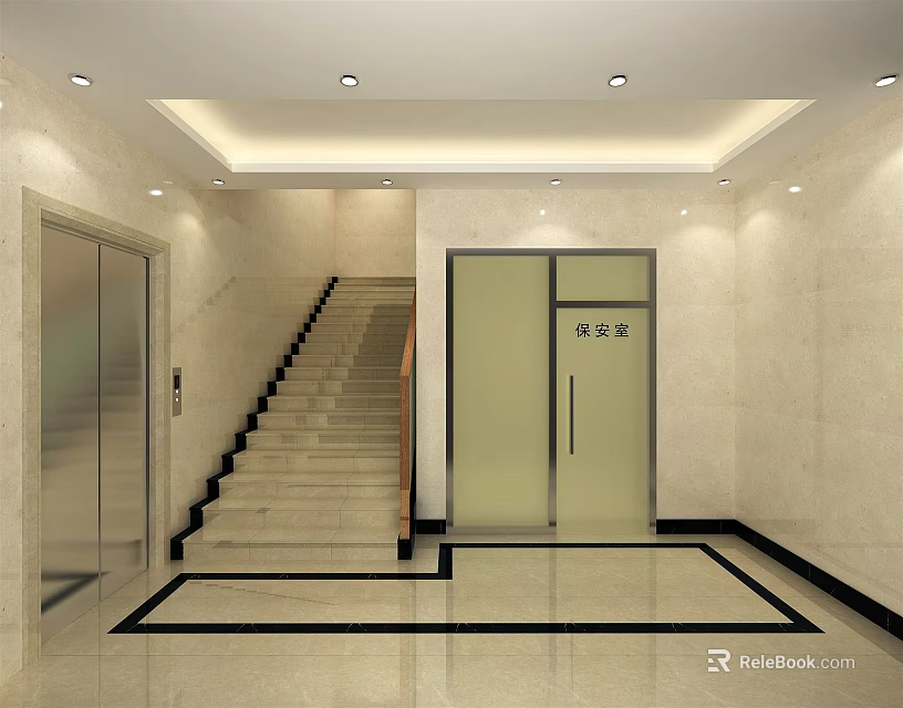 Elevator Lobby With Beige Walls Staircase Security Room And Black Border Floor Tiles 3d model 