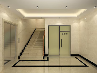 Elevator Lobby With Beige Walls Staircase Security Room And Black Border Floor Tiles 3d model