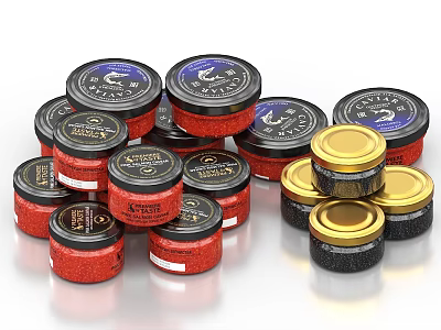 Assorted Red And Black Food Jars With Gold And Blue Lids Collection 3d model