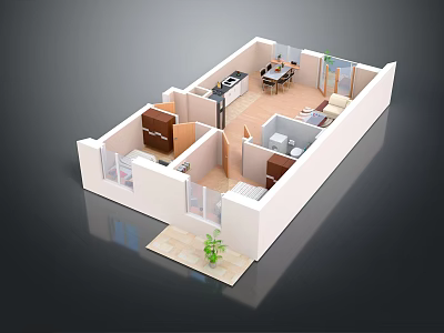 Small Apartment Interior Layout With Kitchen Dining Living Bedroom And Bathroom 3d model