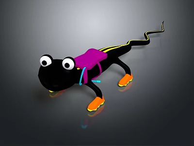 Cartoon Reptile with Big Eyes Black Body Purple Vest Orange Feet and Yellow Stripes 3d model