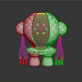 White Robot Figure With Black Center Red Dots Fork Like Arms And Red Fingers
