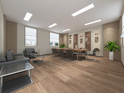 Modern Conference Room Interior With Wooden Flooring Large Table Chairs Sofa And Green Plants 3d model